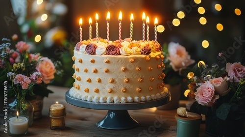 Elegant wedding cake adorned with roses and candles in a romantic setting
