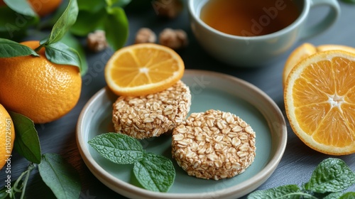 Healthy snack with oat bar, orange slices, and herbal tea on a rustic table