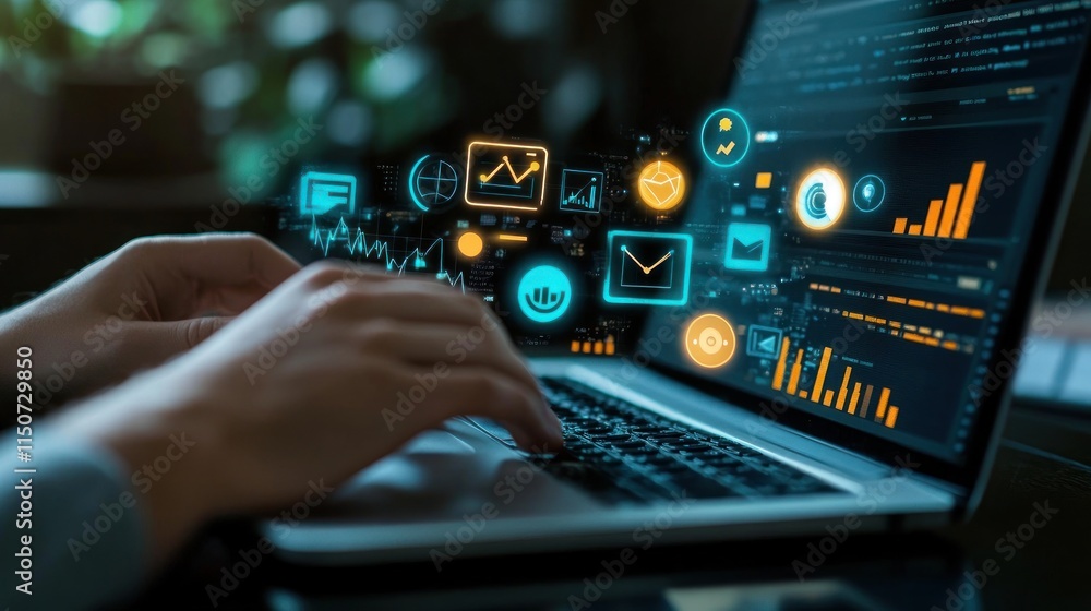 Hands typing on a laptop with digital marketing icons. Hands typing on a laptop with digital marketing icons.