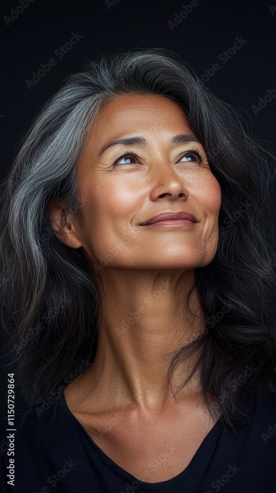 Serene portrait of a 60 years old woman against black background Serene portrait of a 60 years old woman against black background