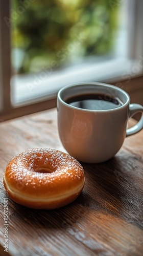 Morning coffee and donut on rustic wooden table with heart latte art
