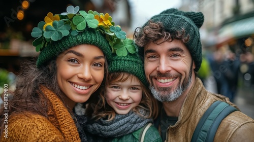 Family celebration wearing festive hats during St Patricks Day festivities in...