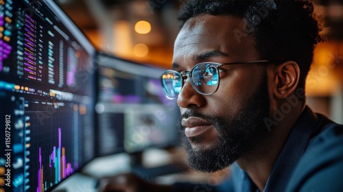 Young professional analyzing data on multiple computer screens in a modern of...