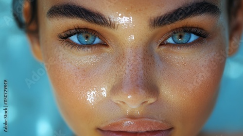 Unique portrait of a woman with curly hair and striking blue eyes showcasing ...