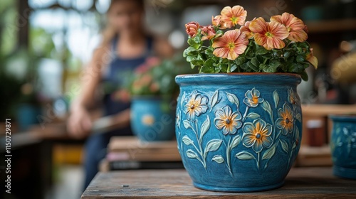 Colorful ceramic pots displayed on a rustic wooden table in an outdoor garden...
