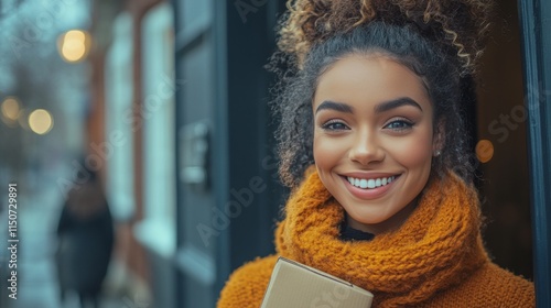 Young woman in warm sweater smiles outside a cozy cafe on a chilly day