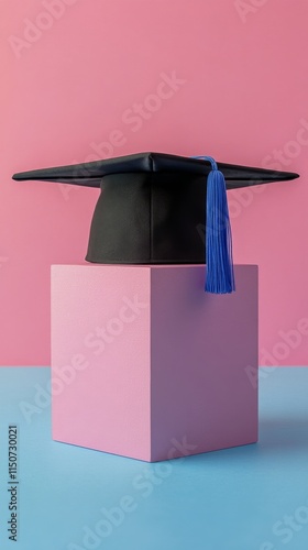 Celebrating academic achievement with a graduation cap on a colorful pedestal