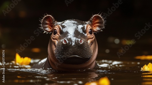 Hippo emerging from water with flowers in serene natural setting during daylight