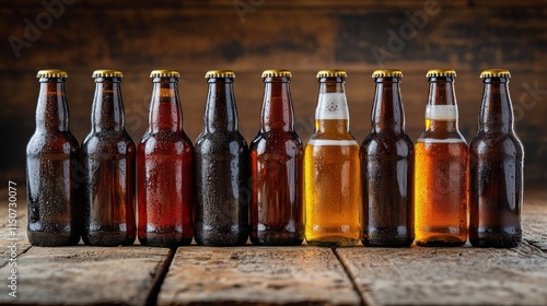 Craft beer collection displayed on rustic wooden shelf in warm lighting