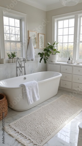 Elegant modern bathroom with freestanding tub and natural light in a serene s...