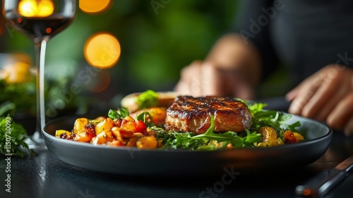 Outdoor dining experience with fresh food and sunset in a serene garden setting