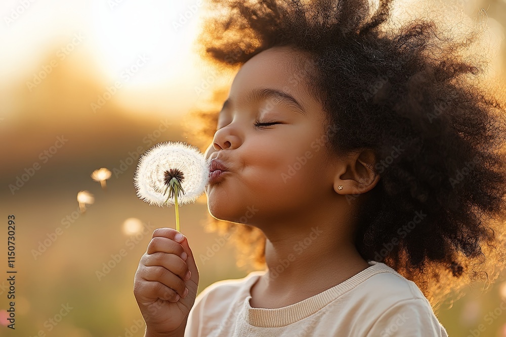 Child enjoys blowing dandelion seeds in a sunlit field during golden hour Child enjoys blowing dandelion seeds in a sunlit field during golden hour