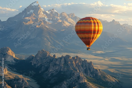Hot air balloon soaring over rugged mountains under a beautiful sky at dusk
