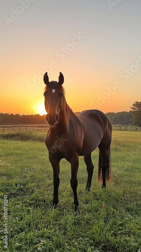 Horse stands gracefully in a golden field at sunset near a forest edge