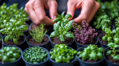 Growing herbs indoors with hands tending to basil and thyme in planters on a ...