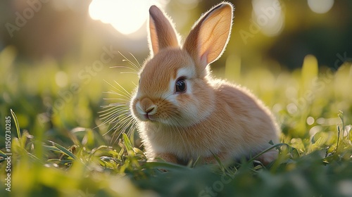 Cute white rabbit sitting on green grass in a sunny garden during springtime