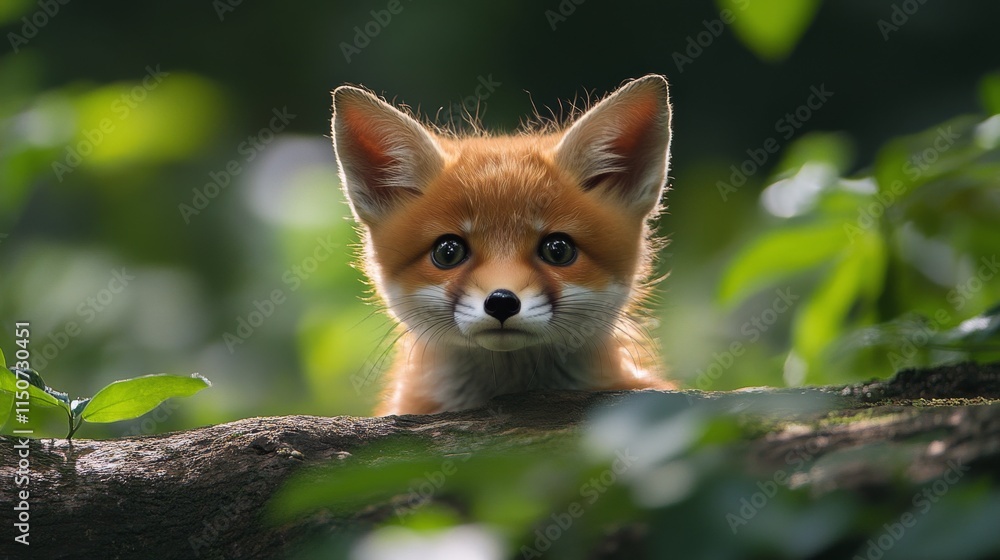 Obraz premium Curious young fox peeks through green foliage in a forest during daylight hours