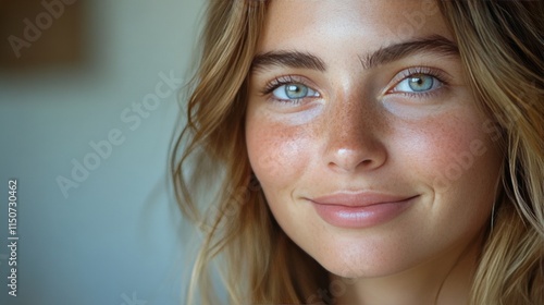 Woman with beautiful freckles and radiant smile in bright indoor setting
