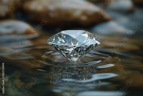 Brilliant diamond reflects light and sparkles on water surface