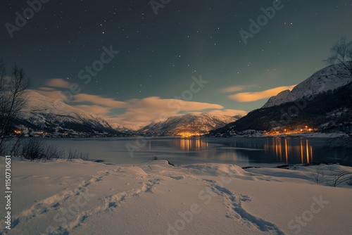 Breathtaking northern lights dance above majestic snow covered mountains under a starry night sky photo