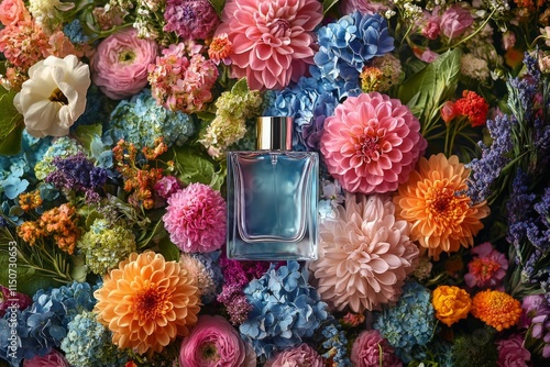 Floral arrangement featuring a perfume bottle surrounded by vibrant flowers i...