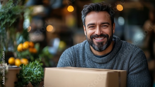 Smiling man with beard in cozy rustic market setting with fresh produce and p...