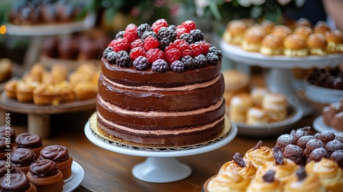 Chocolate cake decorated for a special occasion with assorted baked goods in ...