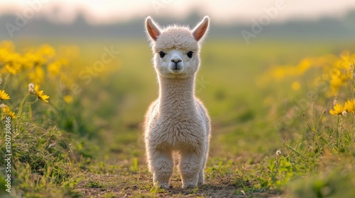 Adorable young alpaca grazing in a lush green field during golden hour