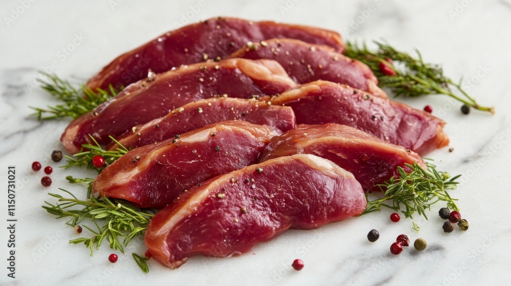 Fresh Raw Meat Cuts with Herbs and Spices on Marble Surface Fresh Raw Meat Cuts with Herbs and Spices on Marble Surface