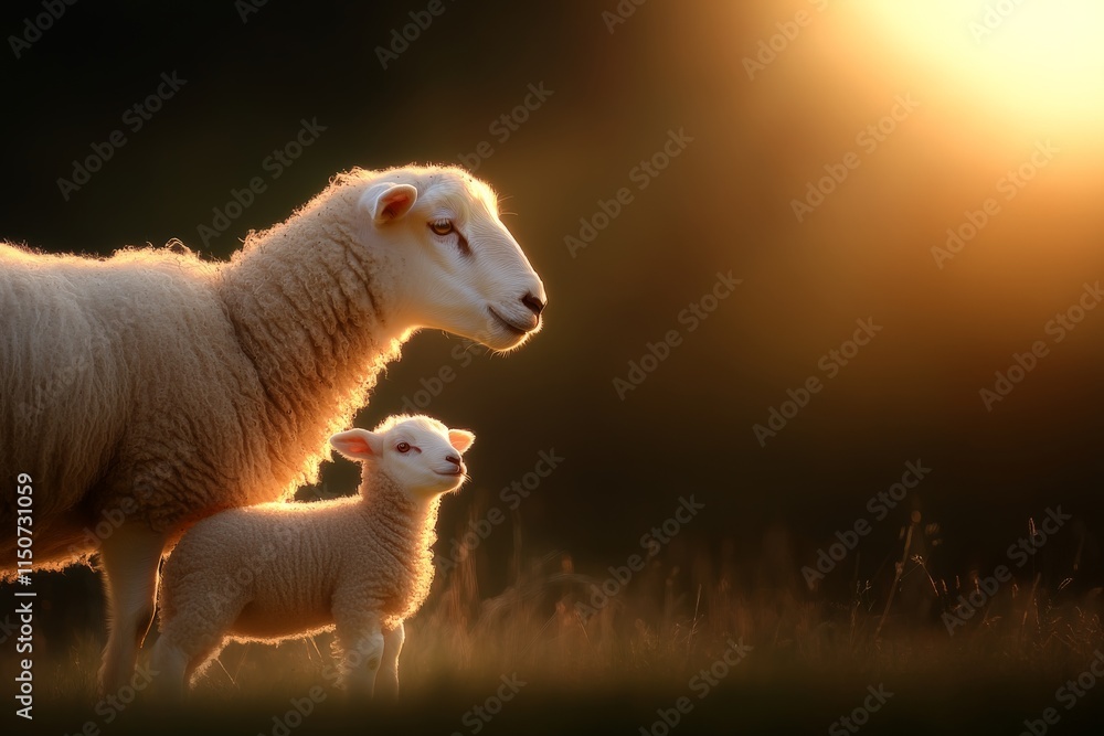 Fototapeta premium Ewes and lambs bask in golden sunlight during a tranquil evening on a farm