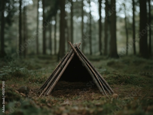 Team building shelter in forest setting for survival concept photo