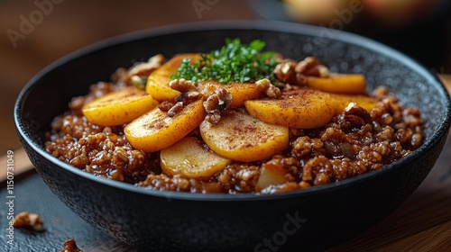 Warm dessert with sauted apples, walnuts, and spices prepared in a rustic kit...