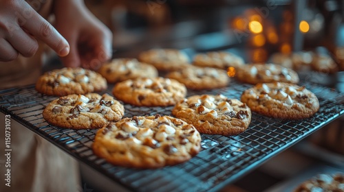 Freshly baked cookies being removed from a wire rack in a cozy kitchen