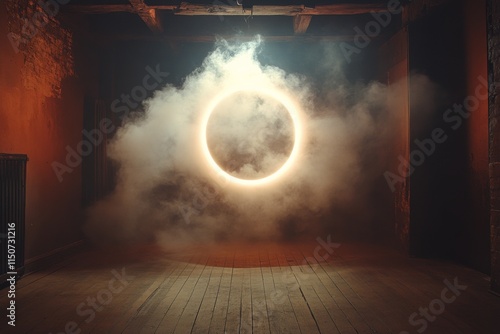 Mysterious glowing moon illuminating a foggy room at night