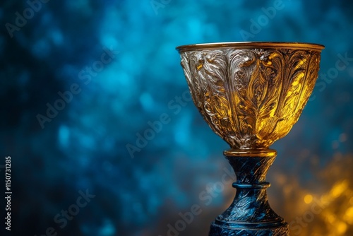 Elegant golden trophy displayed on a textured blue background showcasing cele...