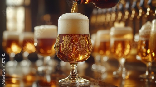 Craft beer being poured into a clear glass on a wooden table