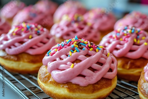 Freshly baked donuts with pink frosting and colorful sprinkles at a bakery di...