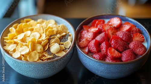 Colorful fruit bowl with berries and cereal prepared for a healthy breakfast