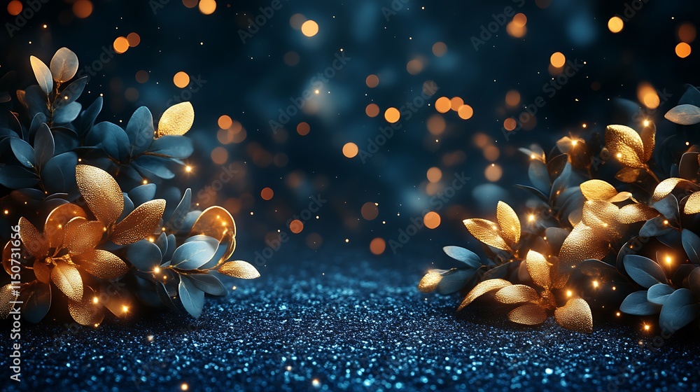Naklejka premium Gold and Blue Glittering Leaves Festive Background