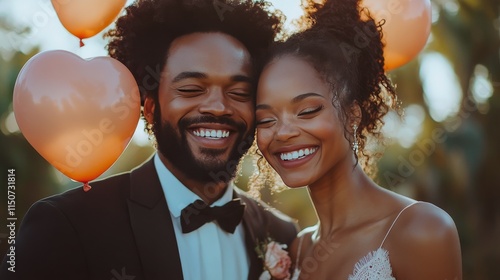 Couple celebrating love with heart balloons in a romantic outdoor setting dur...