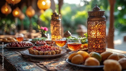 Festive gathering with traditional treats and drinks displayed under warm lan...