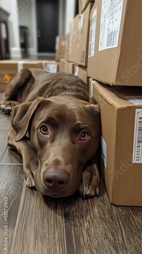 Golden retriever resting among cardboard boxes in a sunlit room during a relo...