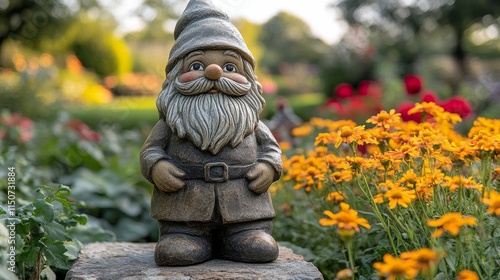 Garden gnome standing among vibrant flowers in a lush outdoor setting during ...