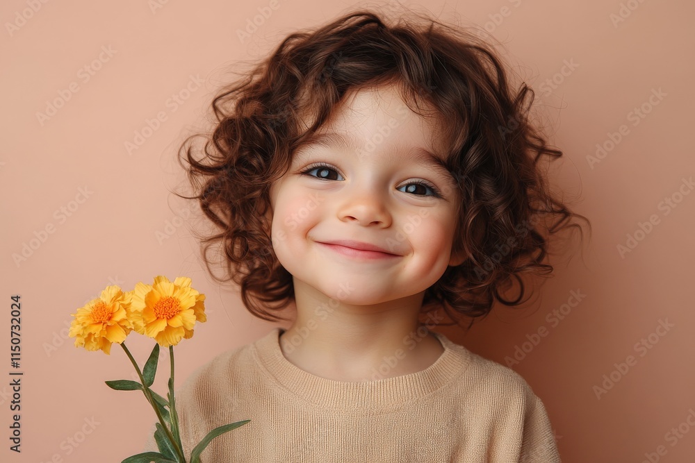 Child with curly hair smiling while holding a yellow flower against a soft pink background Child with curly hair smiling while holding a yellow flower against a soft pink background