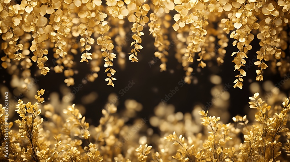 Fototapeta premium Golden leaves adorn a dark background creating a luxurious scene