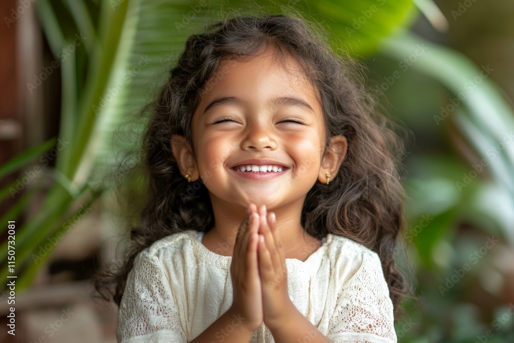 Young girl with curly hair smiles with hands together in a natural setting filled with greenery Young girl with curly hair smiles with hands together in a natural setting filled with greenery