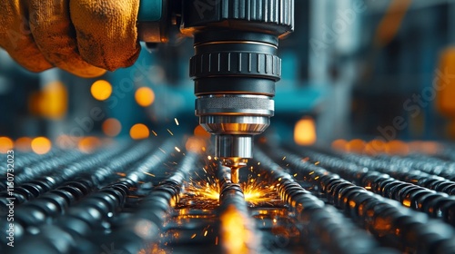 Precision metal cutting in a modern workshop with sparks flying during fabric...