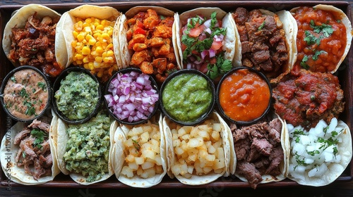 Tasty taco platter with various fillings and fresh toppings in a vibrant setting
