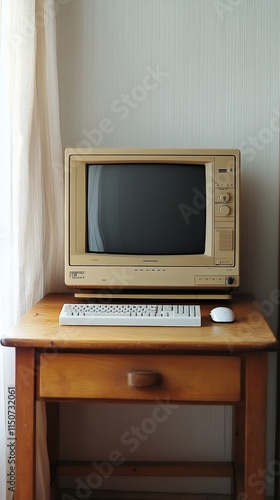 Vintage computer setup with monitor and keyboard on a wooden desk