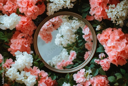 Pink flower arrangement surrounding a circular mirror creates a vibrant and s...